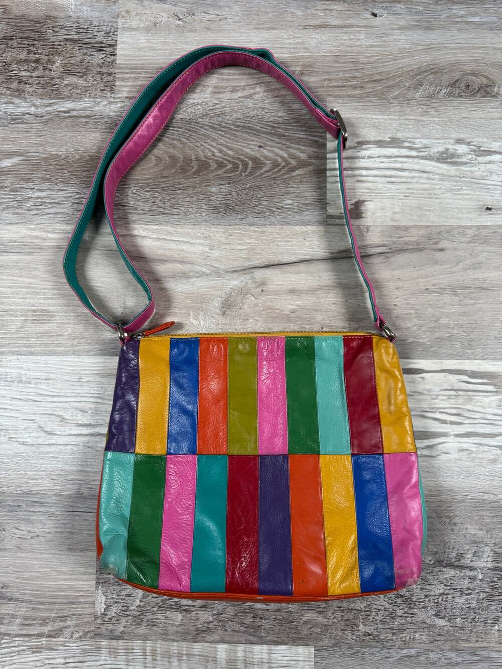 Vintage Y2K Rainbow Leather Patchwork Crossbody Bag Colorblock Maximalist Boho